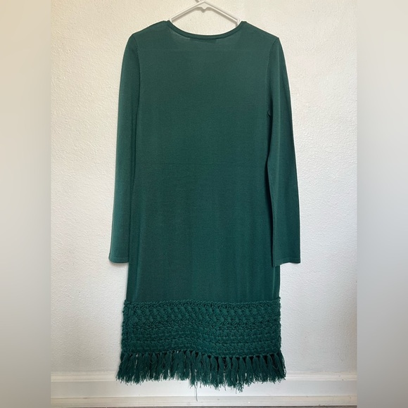 Trina Turk Over Ice Tassel Hem Merino Wool Sweater Dress in Bottle Green. Size M - Picture 11 of 15